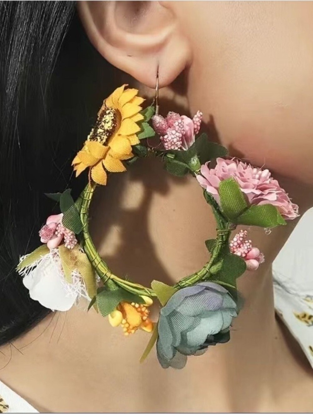 OVERSIZE Silk Flower Hoop Pierced Earrings Multicolor